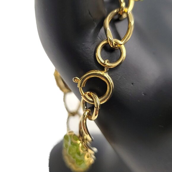 Gold Tone Chain Link Bracelet With Textured Peridot Stones Spring Ring  6.5" - Picture 4 of 7